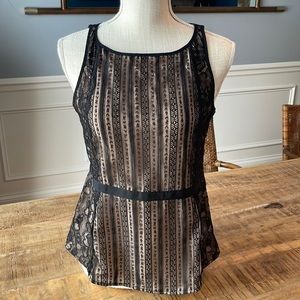 Classy Retro Loft Sleeveless Black Lace Peplum Top With Nude Lining